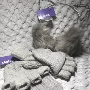 2pc Rhinestone ‘Fur’ Earmuffs and Chenille Mits